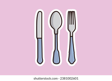 Ilustración vectorial Spoon, Knife y Fork Sticker. Concepto de ícono de equipamiento interior doméstico. Diseño del logotipo del emoticono del conjunto de cocina del restaurante.