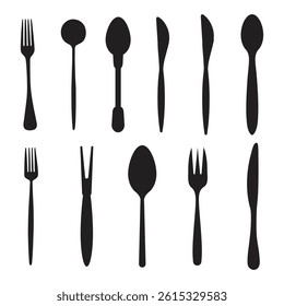Spoon, Knife, Fork vector silhouette icon set, dinning table essentials clipart