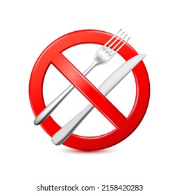 Spoon knife inside red banned sign. No Eating or restaurant prohibition sign 3D isolated on white background. Prohibition symbol template icon vector EPS10 Illustration.