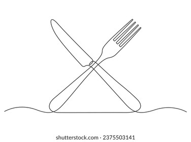 Spoon and knife single line drawing. Restaurant logo symbol. Isolated on white background vector illustration. Premium vector. 