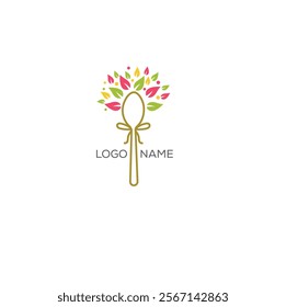 Spoon leaf logo, fork logo, healthy food logo with spoon, vegan food, 