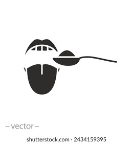 spoon with liquid icon, define taste, open mouth, tasting or taking the medicine, flat symbol on white background - vector illustration