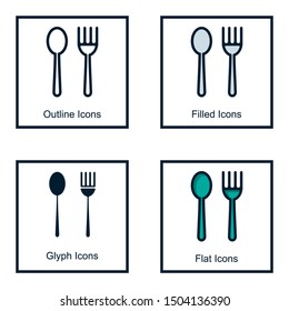 SPOON LOGO WITH SOME KINDS OF STYLES, LINE DESIGNS, FILLED DESIGNS, GLYPH DESIGNS, AND FLAT DESIGNS