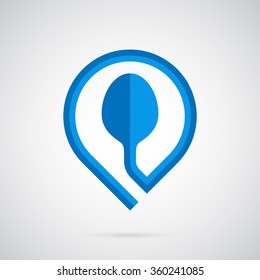 Spoon logo template. Blue spoon in the form of a marker. Creative and modern symbol for company identity, advertising, poster, leaflet, banner, web, flyer, shops, restaurants and cafes.