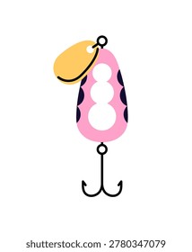 Spoon lure with double hook for catching fish. Fishing bait with fishhook. Angling rod accessory. Fishery tackle. Fishermen tool. Angler supply. Flat isolated vector illustration on white background