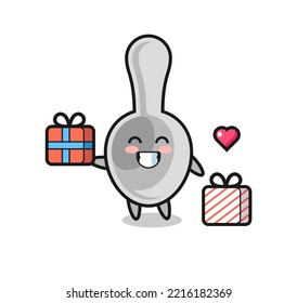 spoon mascot cartoon giving the gift , cute design