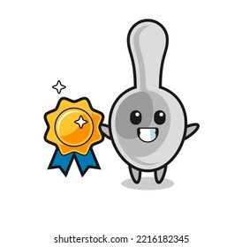 spoon mascot illustration holding a golden badge , cute design