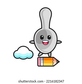 spoon mascot illustration riding on a giant pencil , cute design