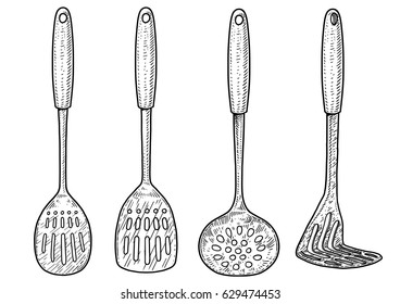 Spoon, masher illustration, drawing, engraving, ink, line art, vector