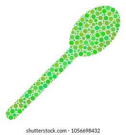 Spoon mosaic of dots in variable sizes and green shades. Vector round dots are composed into spoon composition. Freshness design concept.