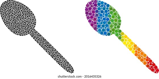 Spoon mosaic icon of circle elements in different sizes and spectrum color hues. A dotted LGBT-colored spoon for lesbians, gays, bisexuals, and transgenders. Vector icon in LGBT flag colors.