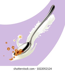 
Spoon with muesli and milk.