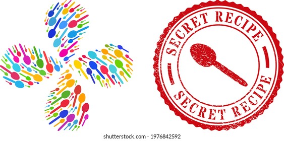 Spoon multicolored explosion flower cluster, and red round SECRET RECIPE rough stamp. Spoon symbol inside round stamp. Element cycle designed from scattered spoon symbols.