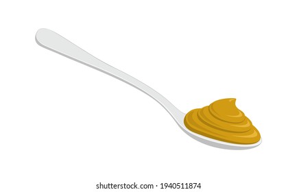 Spoon with mustard isolated on white background. Vector cartoon illustration.