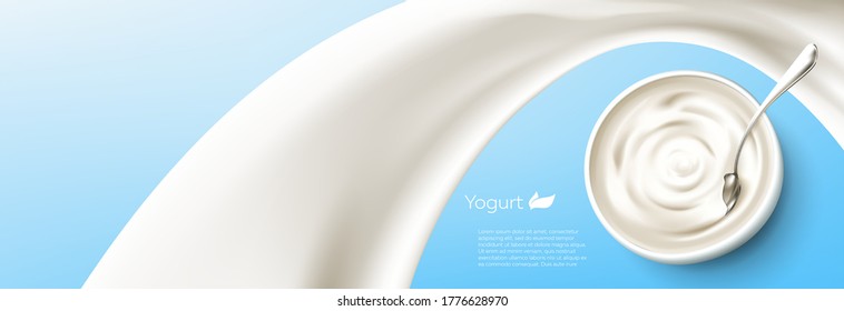 Spoon In Natural Greek Yogurt Or Cream Jar With Milk Or Yogurt Swirl Around. Vector Ads Banner With Text Space For Product Promotion