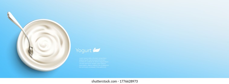 Spoon In Natural Greek Yogurt Or Cream Jar. Vector Ads Yogurt Banner With Text Space For Product Promotion