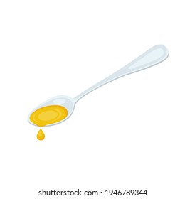 Spoon with oil. Dietary olive oil in a silver spoon. Vector illustration flat design. Isolated on white background. Pattern for cooking and demonstration of natural product.