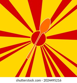 Spoon on a background of red flash explosion radial lines. The large orange symbol is located in the center of the sun, symbolizing the sunrise. Vector illustration on yellow background