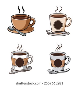 A spoon on a saucer and four stylized cartoon coffee cups with steam rising from each.