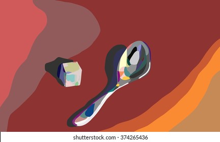 spoon on a table next to a sugar cube on the background of coffee color texture
