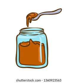 Spoon and Peanut butter jar doodle vector icon. Cartoon illustration of peanut icon for web design. Nuts hand drawn emblems and labels isoleted on white backgraund