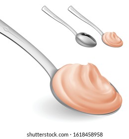 Spoon with Pink Cream Concept of Teaspoon Mockup with Yoghurt or Sour Cream for Healthy Cooking or Baking and Confectionery. Realistic Style Trend Modern Foodie Logotype Graphic