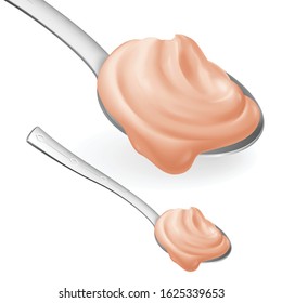 Spoon with Pink Cream Concept of Teaspoon with Yoghurt or Sour Cream for Healthy Cooking or Baking and Confectionery. Realistic Style Trend Modern Foodie Logotype Graphic Simple Design Element