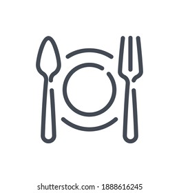 Spoon, Plate and Fork line icon. Eating and Dining vector outline sign.