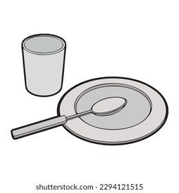 Cuchara, plato y cristalería. Imagen del vector
