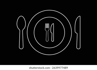  Spoon, Plate and knife with a fork icon, dinner, meal, eat cutlery, outline style Restaurant dish dining table set.