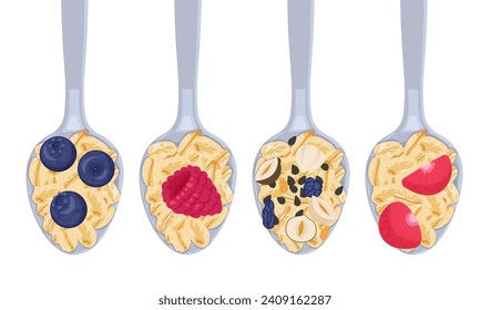 Spoon with porridge and berries - raspberry and strawberry. Muesli with nuts