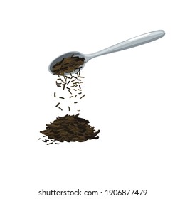 Spoon Pouring Dried Tea Leaves. Pile Of Black Tea. Vector Illustration Cartoon Flat Icon Isolated On White Background.