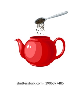 Cuchara vertiendo hojas de té secas en hervidor de agua rojo. Icono plano de dibujos animados aislado en fondo blanco.
