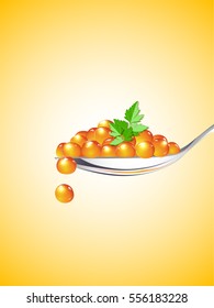 Spoon with red caviar and green leaf of parsley on a yellow background
