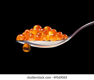 Spoon with red caviar isolated on the black. All objects are in separate layers.