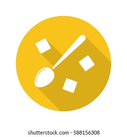 Spoon with refined sugar cubes. Flat design long shadow icon. Lump sugar with teaspoon. Vector silhouette symbol
