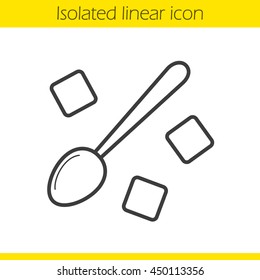 Spoon with refined sugar cubes linear icon. Thin line illustration. Lump sugar with teaspoon contour symbol. Vector isolated outline drawing