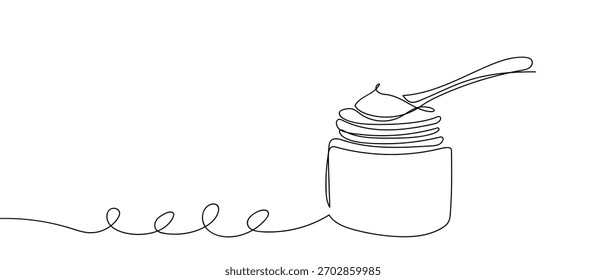 Ein Löffel ist Schöpfcreme aus einem Glas, eine durchgehende Linie. Eine Zeile Zeichnungshintergrund. Vektorgrafik.