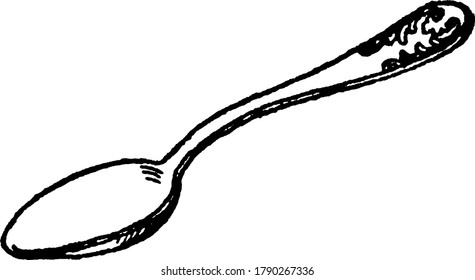 A spoon, shallow oval on a long handle, used for eating, stirring, and serving food, vintage line drawing or engraving illustration.