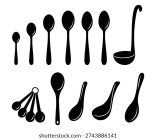 Siluetas de la cuchara fijadas en diversas Formas, iconos negros planos del vector aislados en el fondo blanco