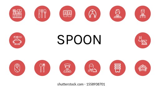spoon simple icons set. Contains such icons as Kitchen, Kitchen tools, Yogurt, Kokoshnik, Catering, Waiter, Baby, Cutlery, Chef, Pots, Baby food, can be used for web, mobile and logo
