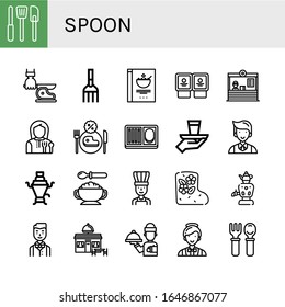 Löffel einfache Symbole Set. Enthält solche Symbole wie Küchen-Werkzeuge, Knife, Gabel, Getreide, Jogurt, Restaurant, Lunchroom, Speisen, Serve, Kellner, Samovar, kann für Web, Handy und Logo verwendet werden