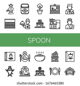 spoon simple icons set. Contains such icons as Samovar, Sugar, Instant coffee, Waiter, Pot, Restaurant, Kitchen, Chef, Soup, Dough, Pizza shop, can be used for web, mobile and logo