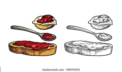 Spoon and slice of bread with jam. Isolated on white background. Vector color and monochrome vintage engraving illustration