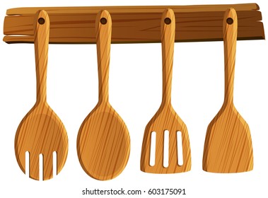 Spoon and spatula hanging on wall illustration