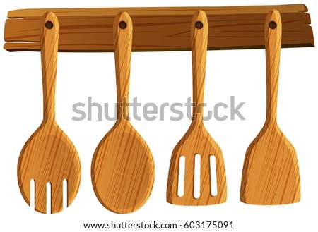 Spoon and spatula hanging on wall illustration