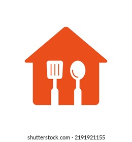 spoon and spatula with house, kitchen restaurant icon vector