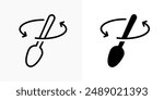 Spoon stir icon. Spoon mixing vector illustration. Arrow mix symbol. Stirring line, outline, black and filled element design isolated.