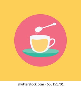 a spoon with sweet sugar over a cup of tea vector flat design style on a saucer or plate with lemon tea isolated cartoon in a circle. button for website & app