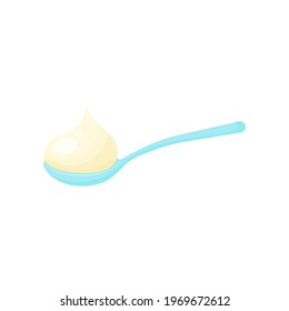 Spoon With Thick Yogurt, Isolated On White Background. Natural Greek Yoghurt For Salads, Dessert Or Diet Food. Cartoon Flat Design. Colorful Vector Illustration.